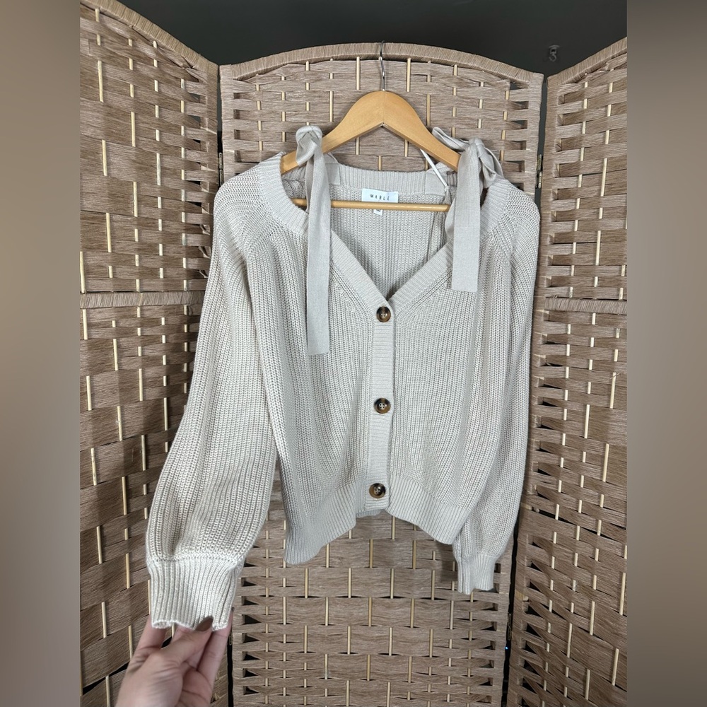 MABLE Off Shoulder Self Tie Strap Button Down Sweater - Size Small - Picture 6 of 10
